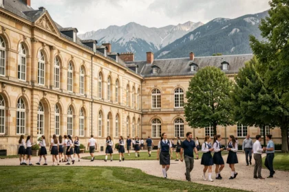 Vue d'ensemble d'un grand lycée privé en Auvergne-Rhône-Alpes avec cour intérieure et élèves en uniforme