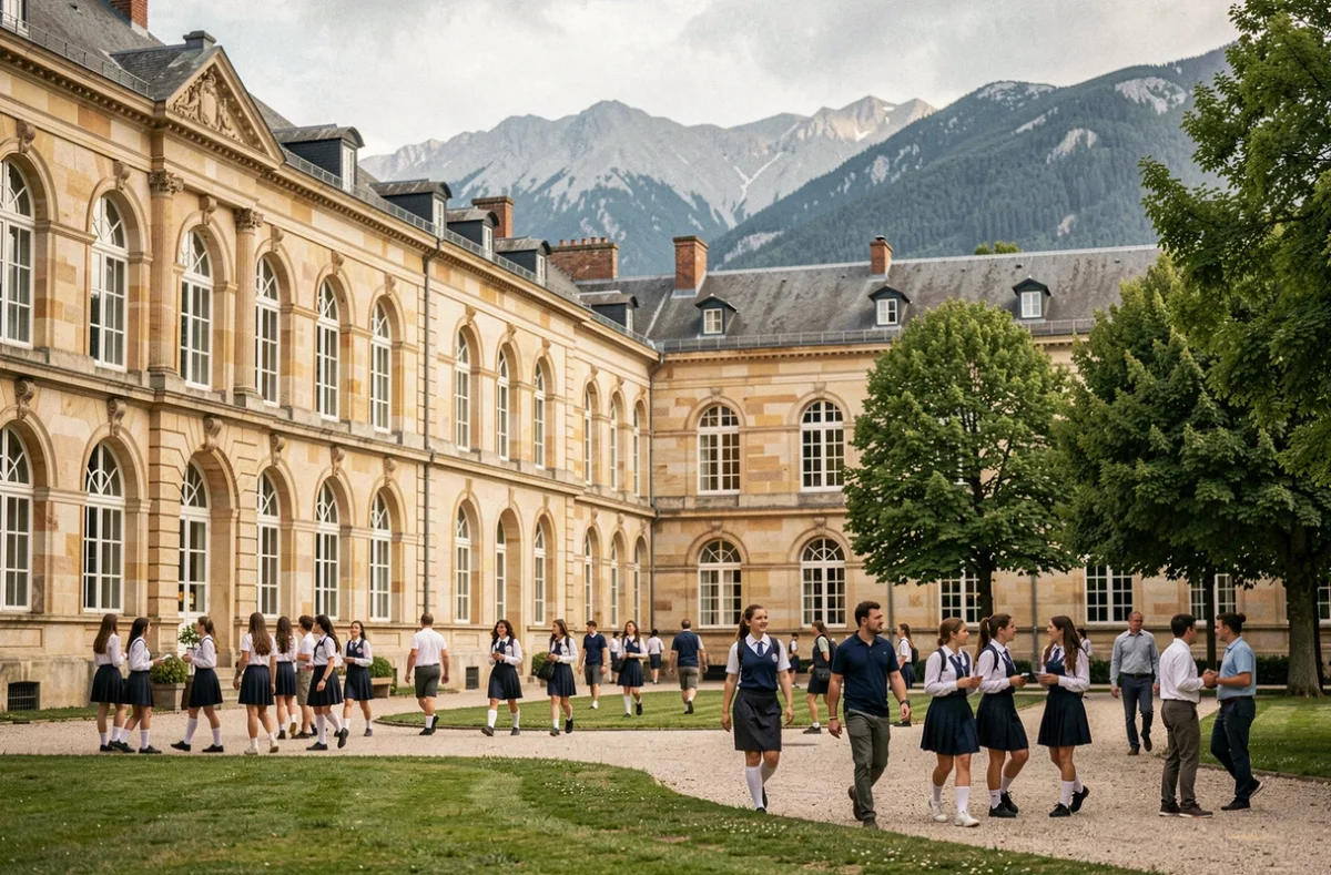 Vue d'ensemble d'un grand lycée privé en Auvergne-Rhône-Alpes avec cour intérieure et élèves en uniforme