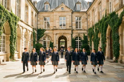 Cour intérieure d'un lycée privé en Bourgogne-Franche-Comté avec des élèves en uniforme marchant devant une architecture classique en pierre