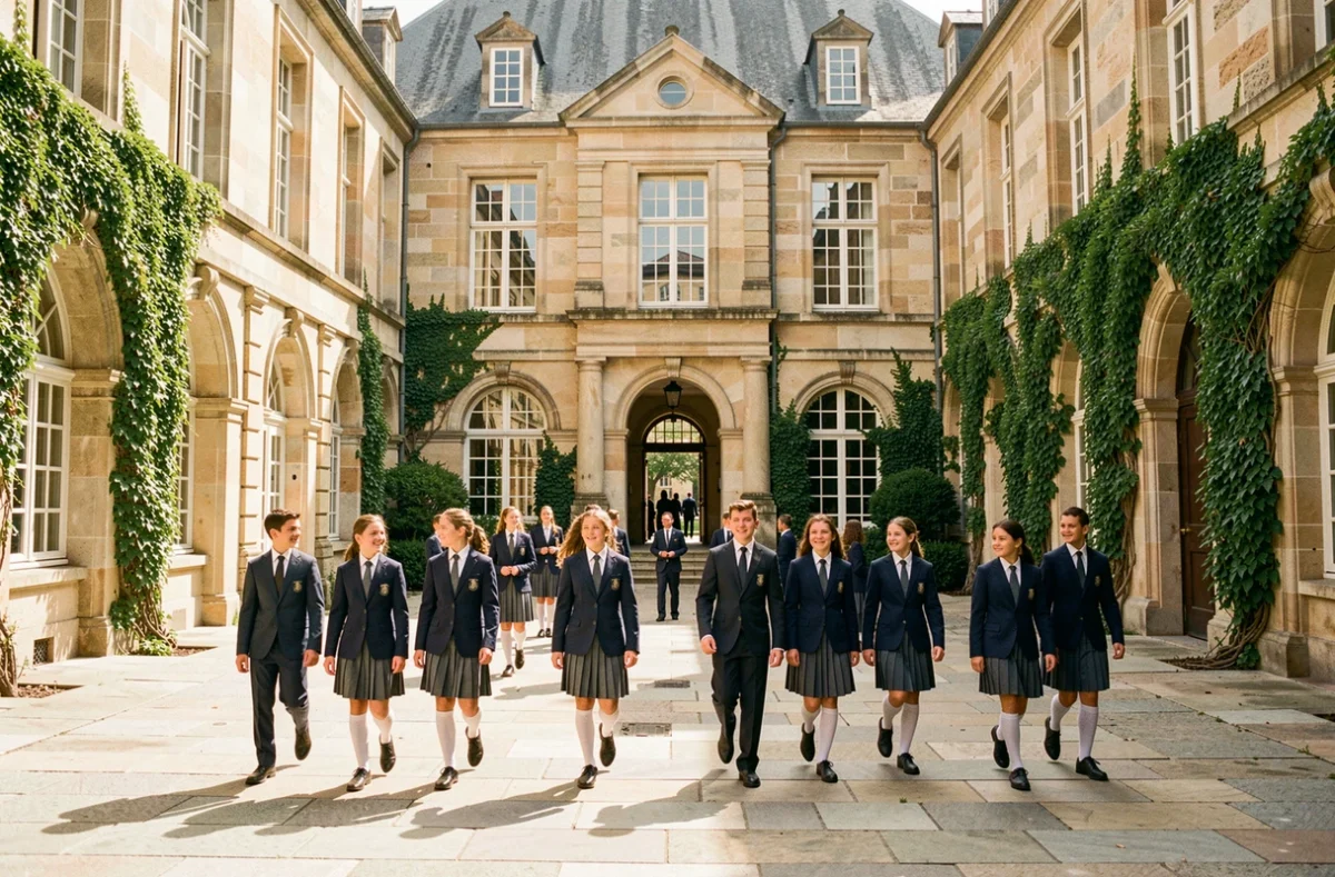 Cour intérieure d'un lycée privé en Bourgogne-Franche-Comté avec des élèves en uniforme marchant devant une architecture classique en pierre
