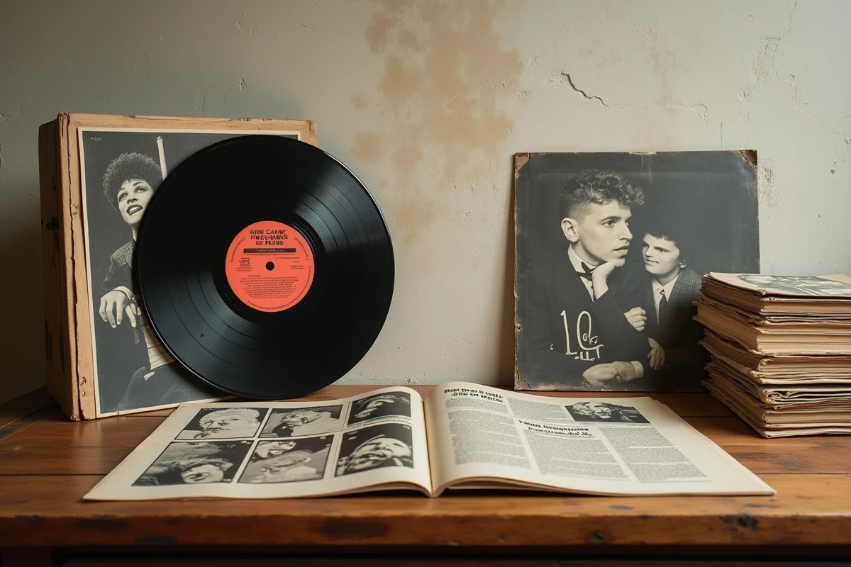 Collection de souvenirs de la culture populaire française des années 80, vinyles et coupures de presse, évoquant la confusion autour des rumeurs médiatiques