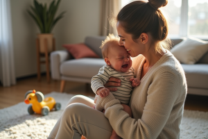 Jeune mère réconforte son bébé dans un salon chaleureux