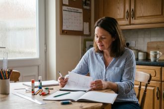 Mère de famille qui prépare la liste des fournitures scolaires avec un budget limité, assise à une table de cuisine entourée de matériel scolaire