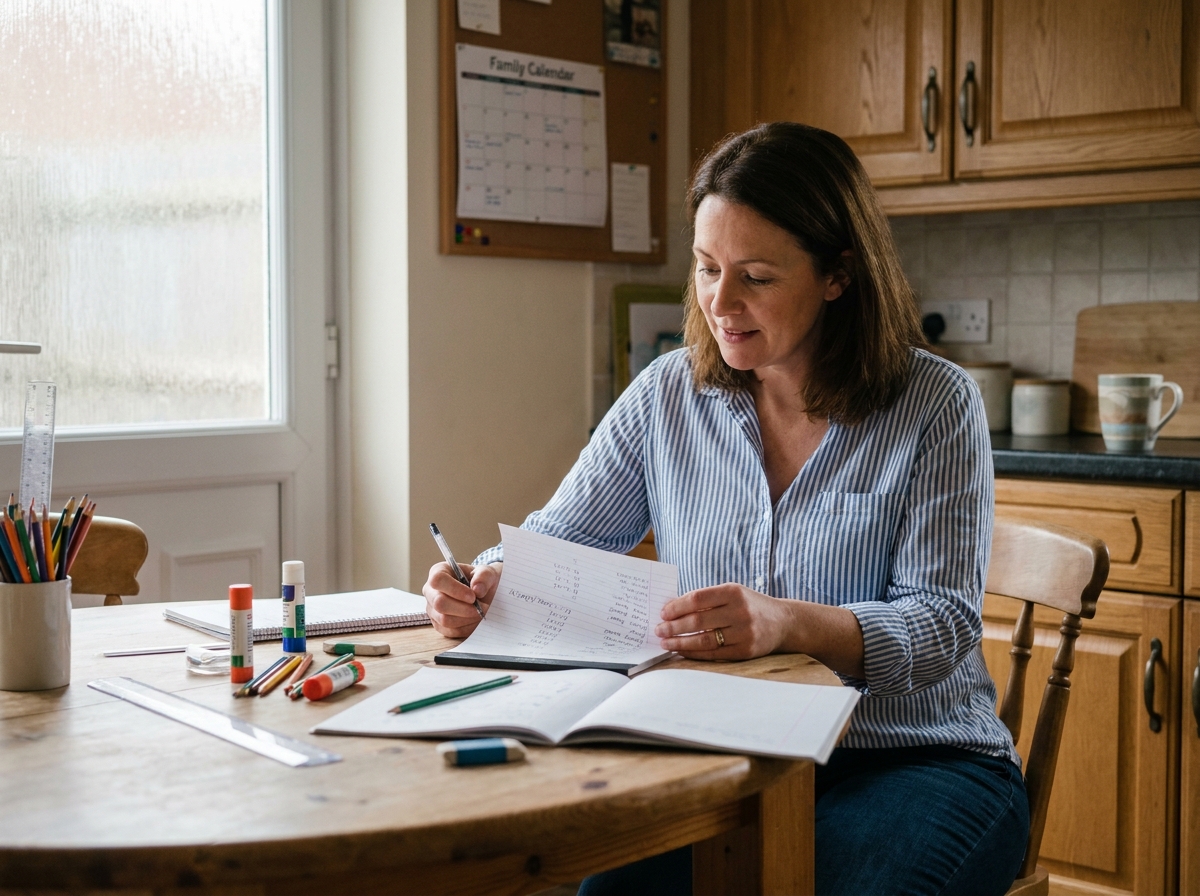 Mère de famille qui prépare la liste des fournitures scolaires avec un budget limité, assise à une table de cuisine entourée de matériel scolaire