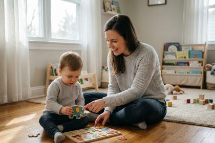 Jeune mère et son enfant de 3 ans jouant ensemble avec un puzzle éducatif en bois sur le sol d'un salon chaleureux