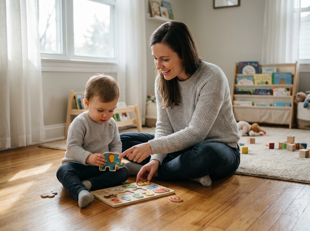 Jeune mère et son enfant de 3 ans jouant ensemble avec un puzzle éducatif en bois sur le sol d'un salon chaleureux