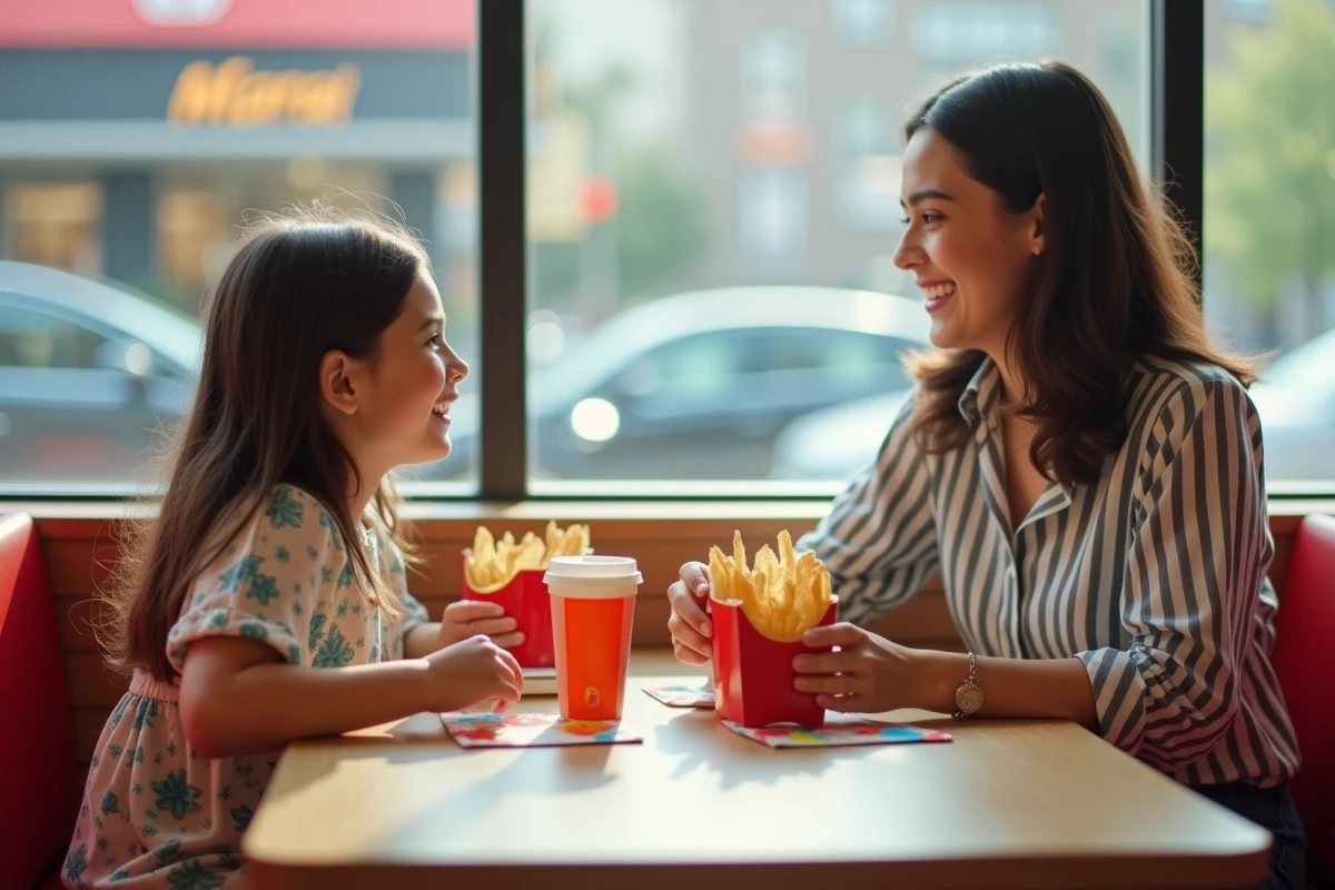 Mère et fille partageant un moment Happy Meal McDonald's lors d'un repas d'anniversaire