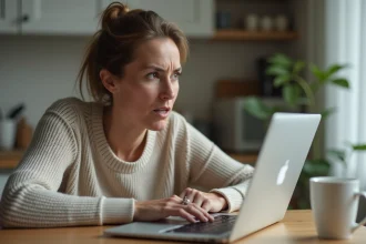 Mère inquiète consultant un site scolaire controversé sur son ordinateur portable dans sa cuisine