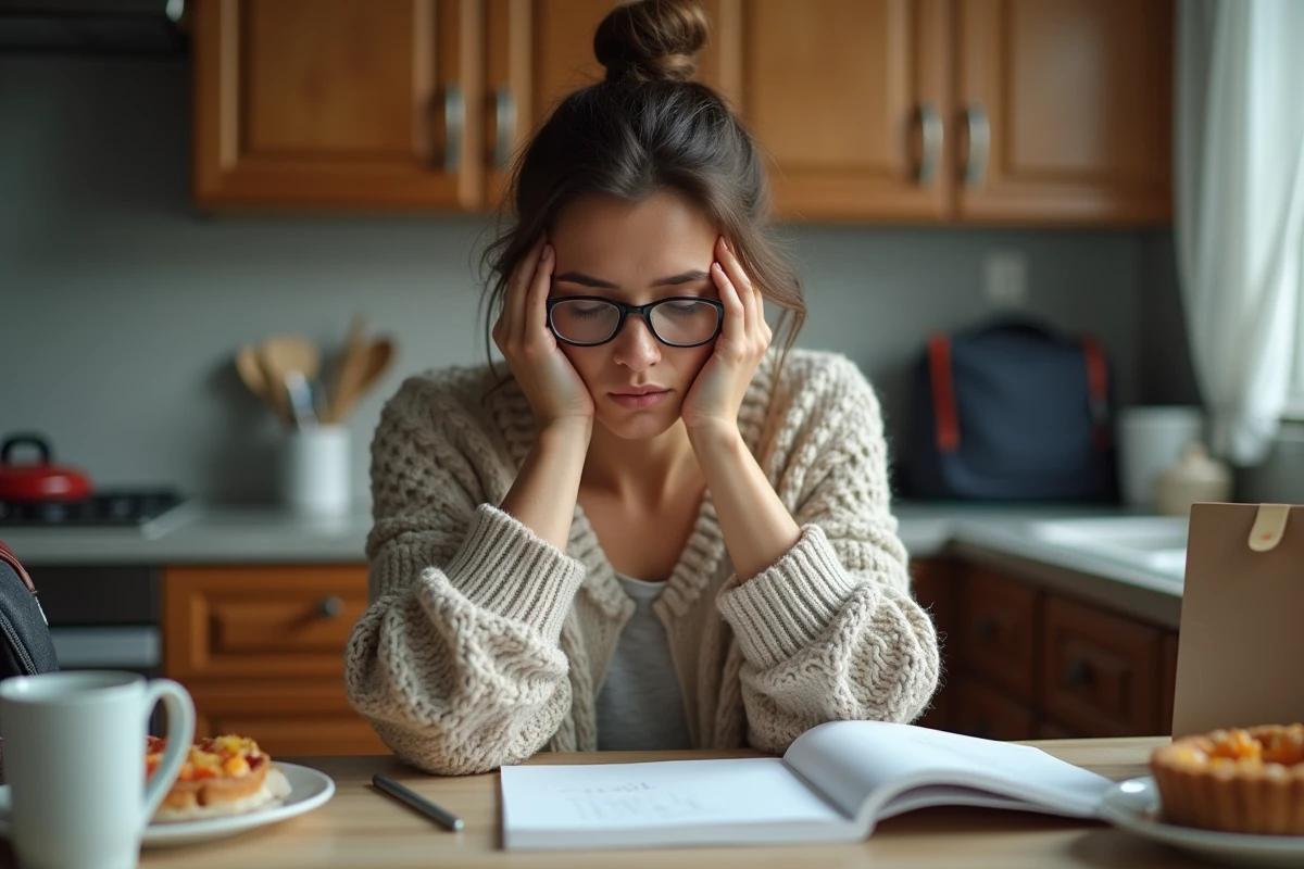 Mère fatiguée écrivant un mot d'absence pour l'école à la table de cuisine le matin