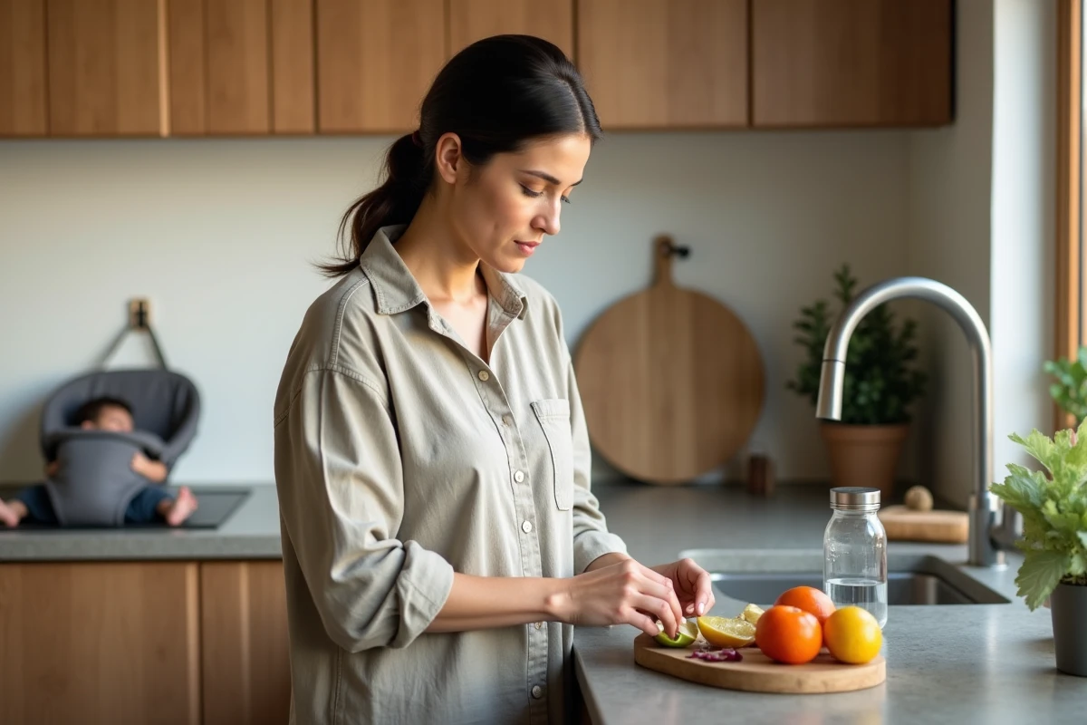 Mère active préparant une collation nutritive dans sa cuisine pour soutenir sa production de lait durant l'allaitement