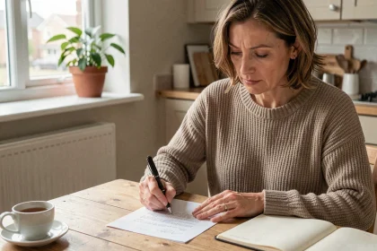 Mère rédigeant une lettre d'absence scolaire à la table de la cuisine