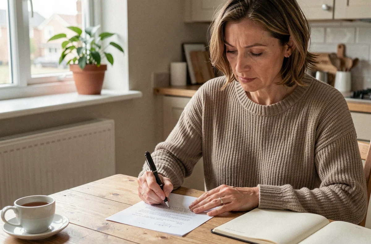 Mère rédigeant une lettre d'absence scolaire à la table de la cuisine