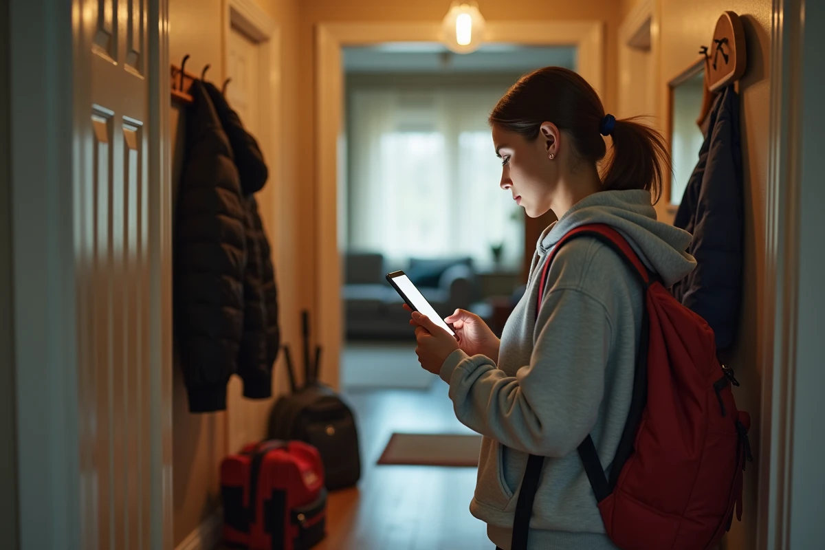 Mère envoyant un message d'absence scolaire sur smartphone depuis l'entrée de la maison