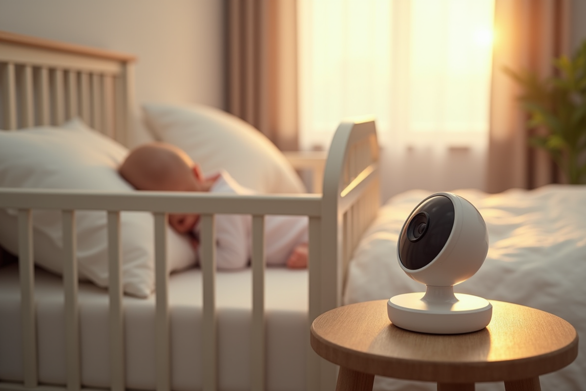 Moniteur pour bébé sur une table de chevet dans une chambre chaleureuse