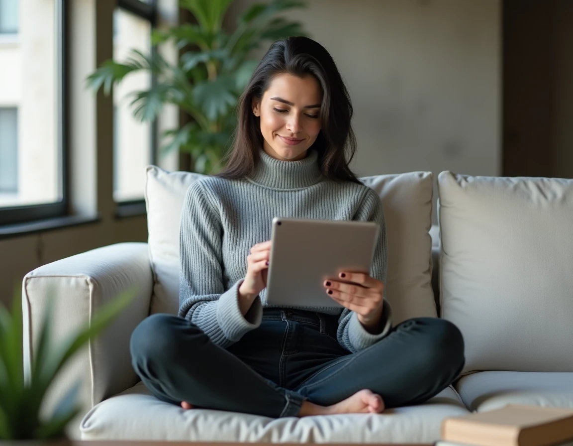 Femme décontractée dans un appartement moderne consultant une tablette, illustrant la curiosité du public pour la vie personnelle de Noémie Wira