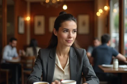 Femme élégante dans la trentaine assise dans un café parisien, évoquant la vie privée et la personnalité publique de Noémie Wira