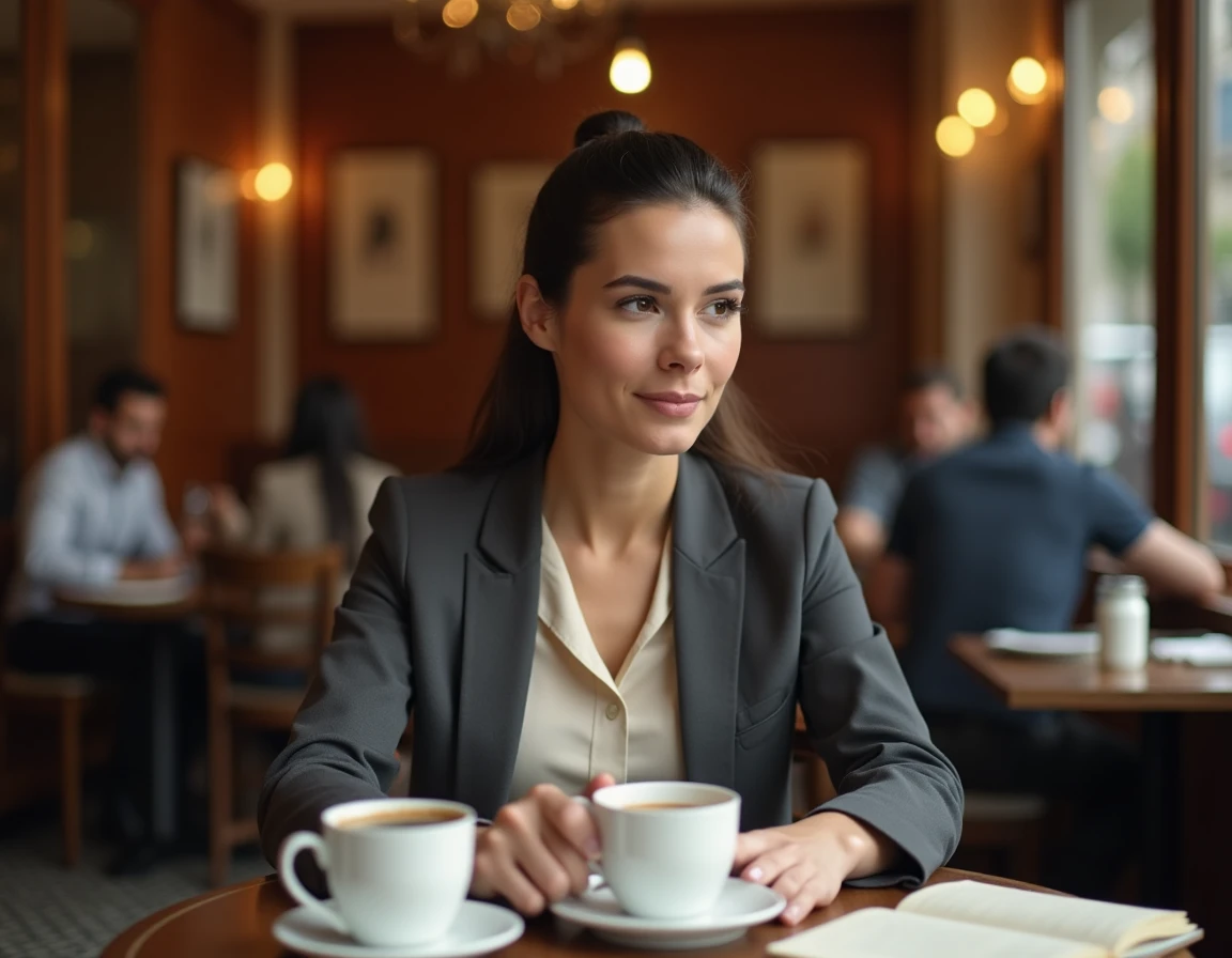Femme élégante dans la trentaine assise dans un café parisien, évoquant la vie privée et la personnalité publique de Noémie Wira