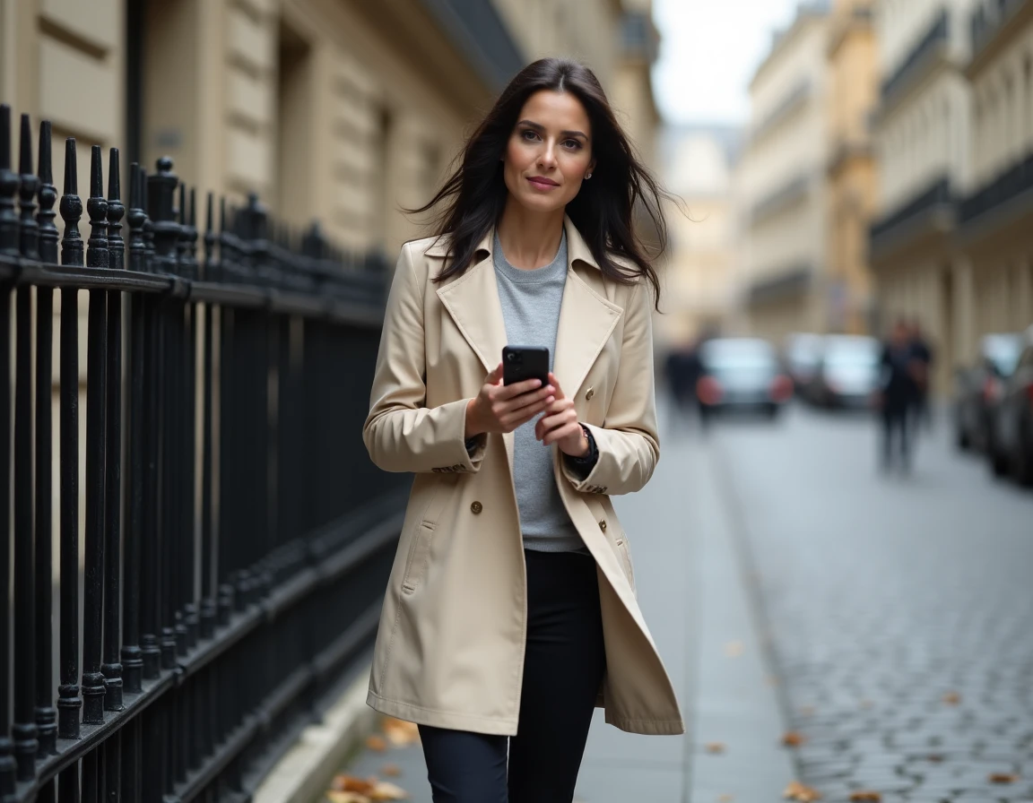 Femme posant dans une rue pavée européenne, illustration du mystère autour de la vie sentimentale d'une personnalité publique comme Noémie Wira