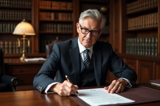Notaire en costume marine assis à son bureau en chêne consultant un document de testament avec un stylo plume dans les mains