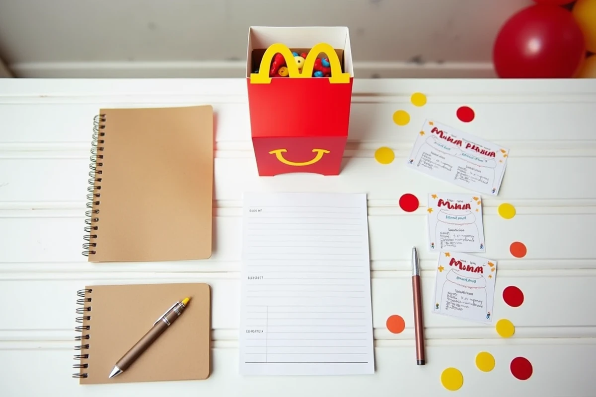 Planification d'un anniversaire Happy Meal avec budget, liste d'invités et décoration posés sur une table