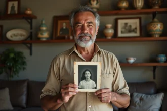 Homme d'origine latino tenant une vieille photo de famille dans un salon aux objets hérités, évoquant les racines familiales de Jules Torres