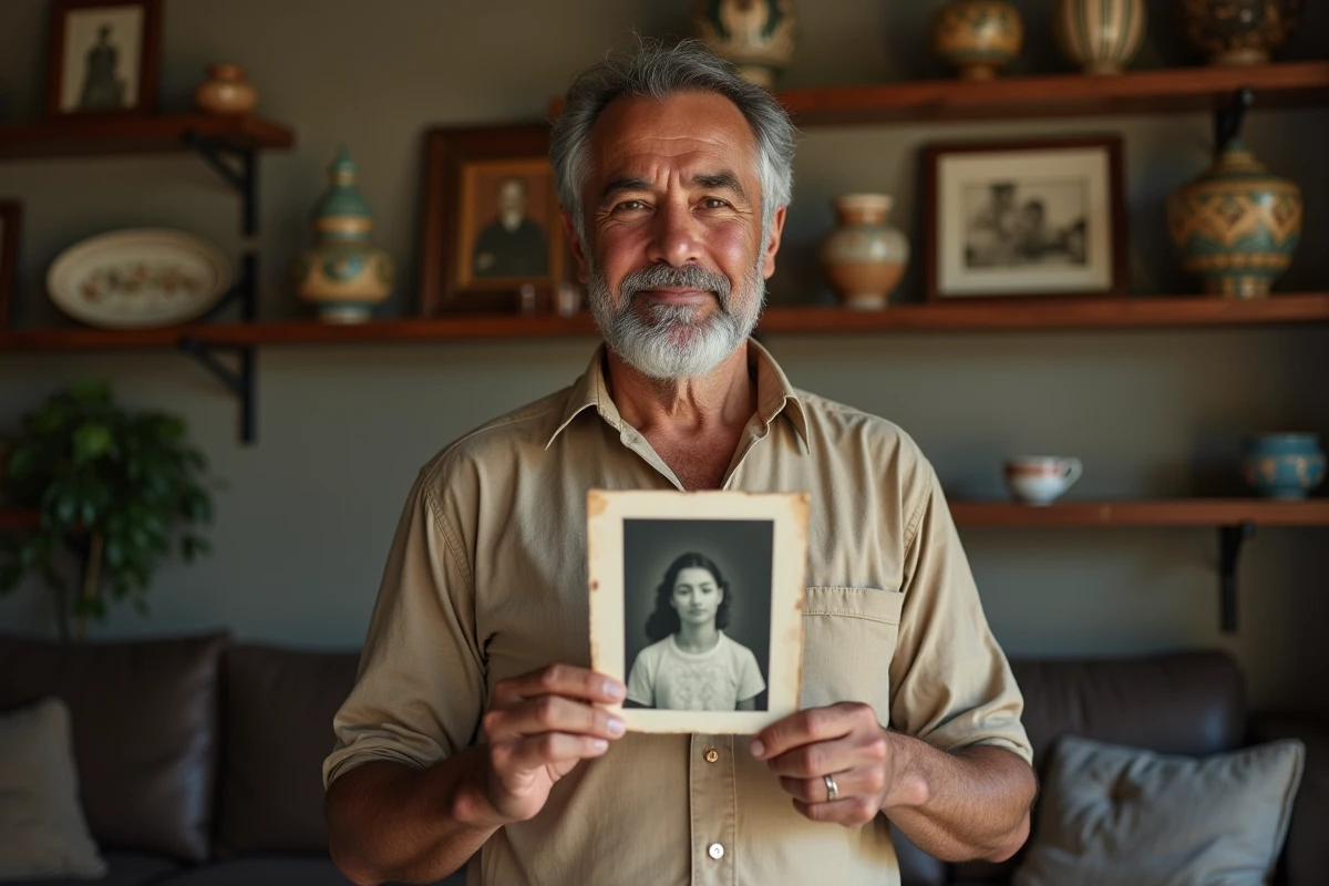 Homme d'origine latino tenant une vieille photo de famille dans un salon aux objets hérités, évoquant les racines familiales de Jules Torres