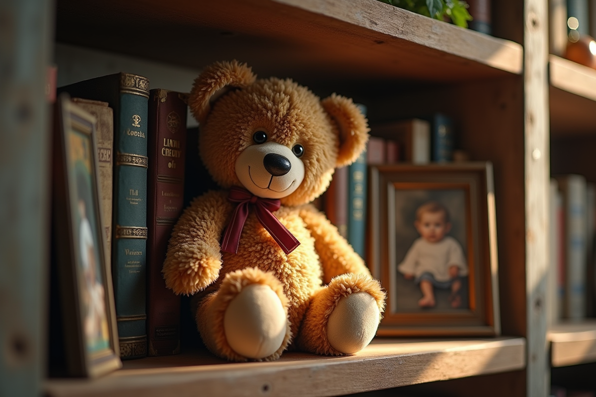 Ourson en peluche sur une étagère avec livres et photos anciennes
