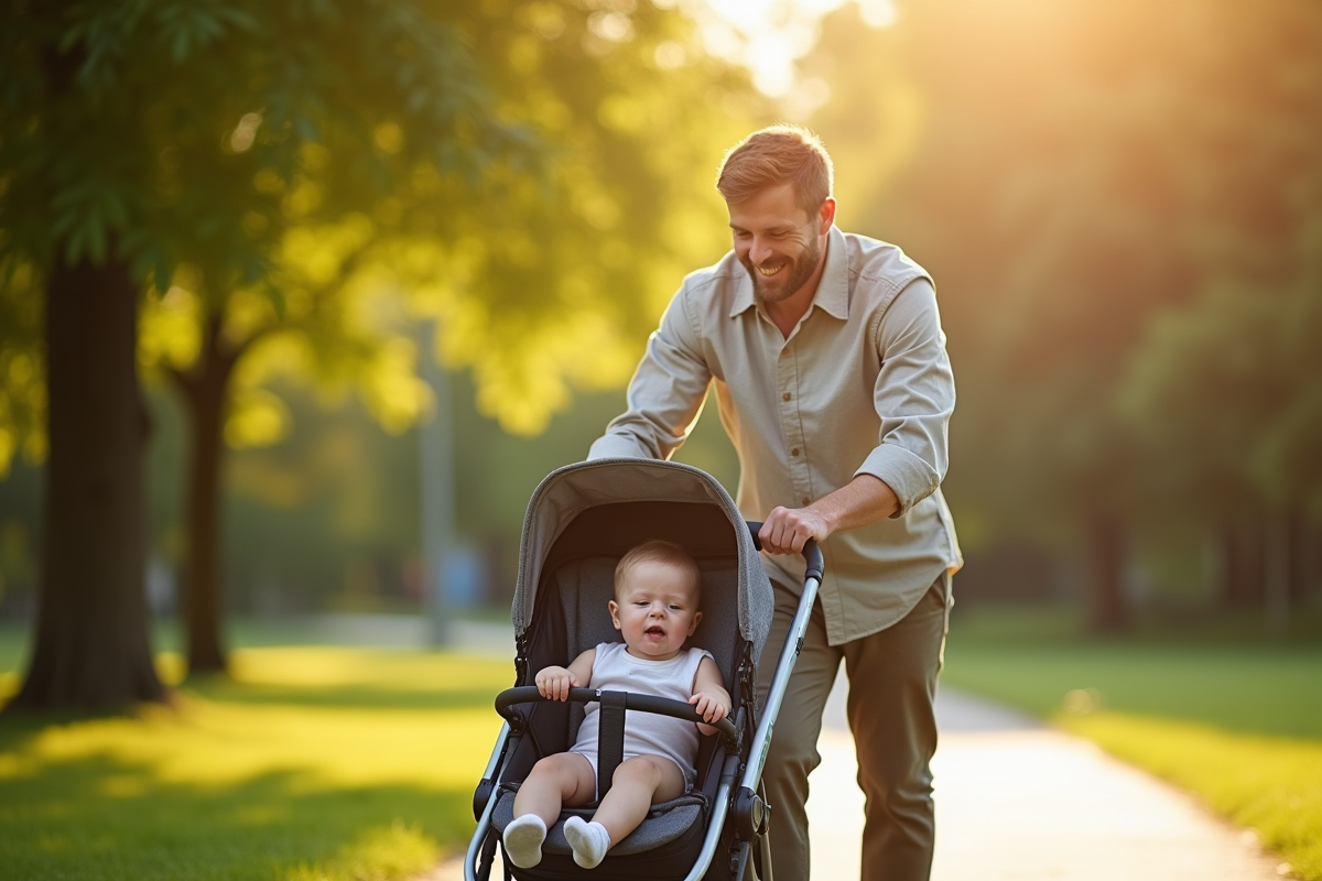 Père marchant avec bébé dans une poussette dans un parc ensoleille