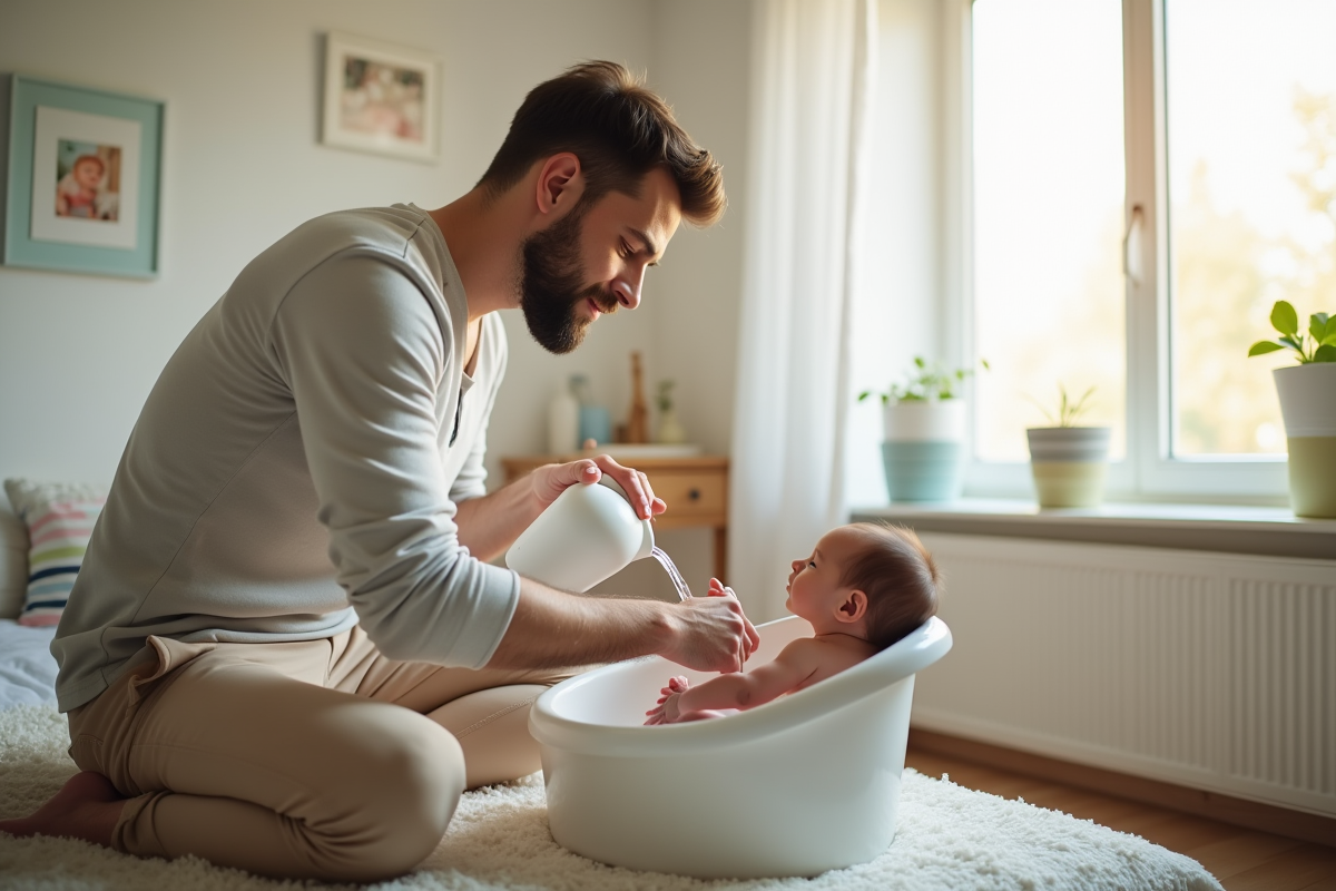 Père donnant un bain à son bébé dans une nurserie douce