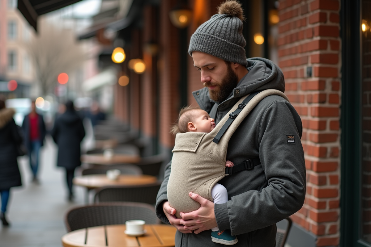 Jeune père ajustant un porte-bébé devant un café de quartier