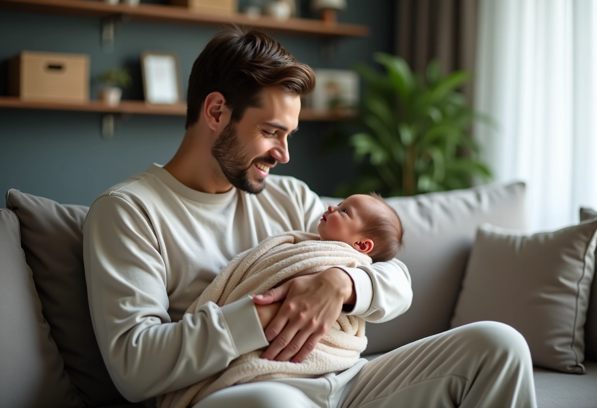 Père tenant tendrement son bébé dans un salon chaleureux
