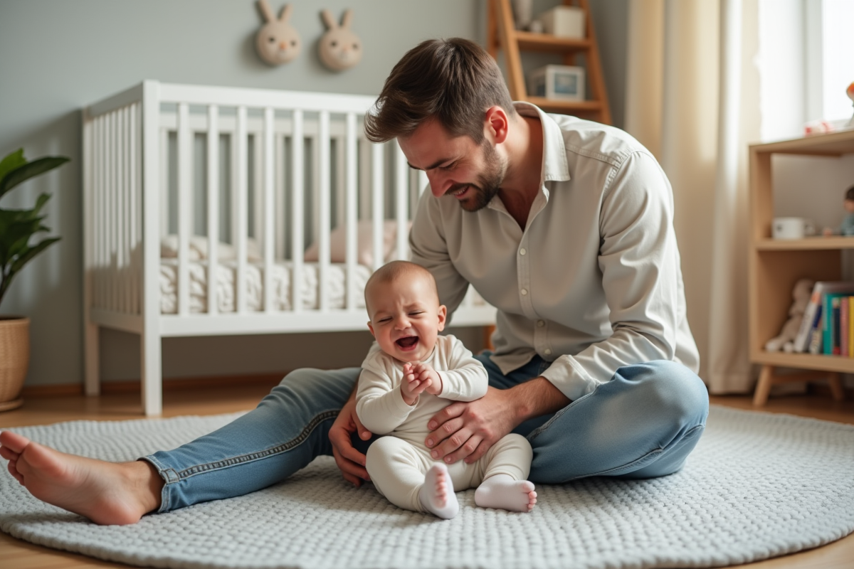 Père assis avec sa fille dans une nurserie apaisante