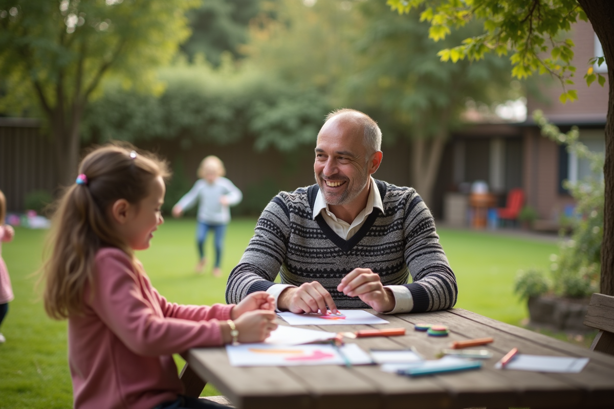 Père bricolant avec enfants dans un jardin ensoleille