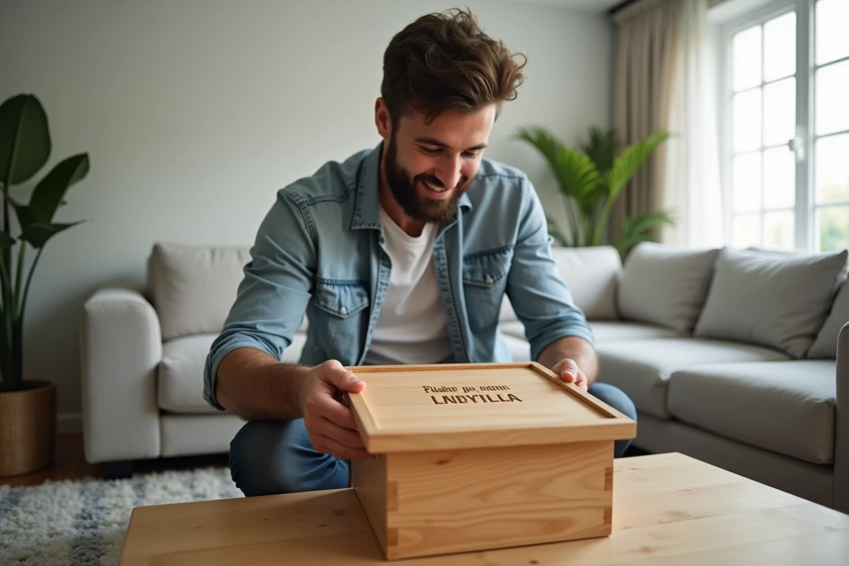 Papa fiere ouvrant une boite en bois grav&eacute;e pour b&eacute;b&eacute;