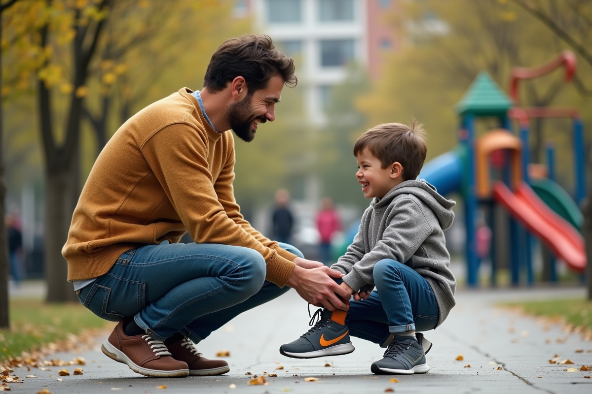 Père aidant son fils à nouer ses chaussures dans un parc