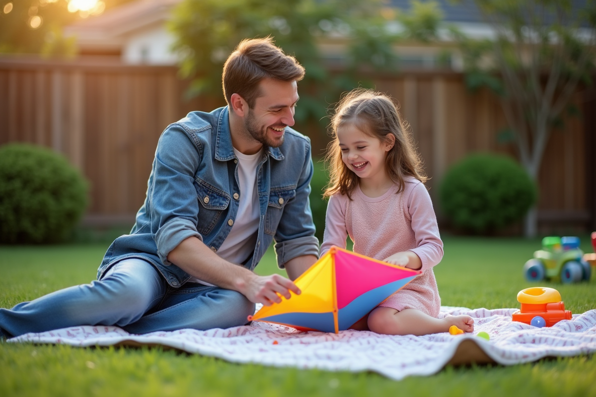 Père et fille assemblent un cerf-volant dans le jardin