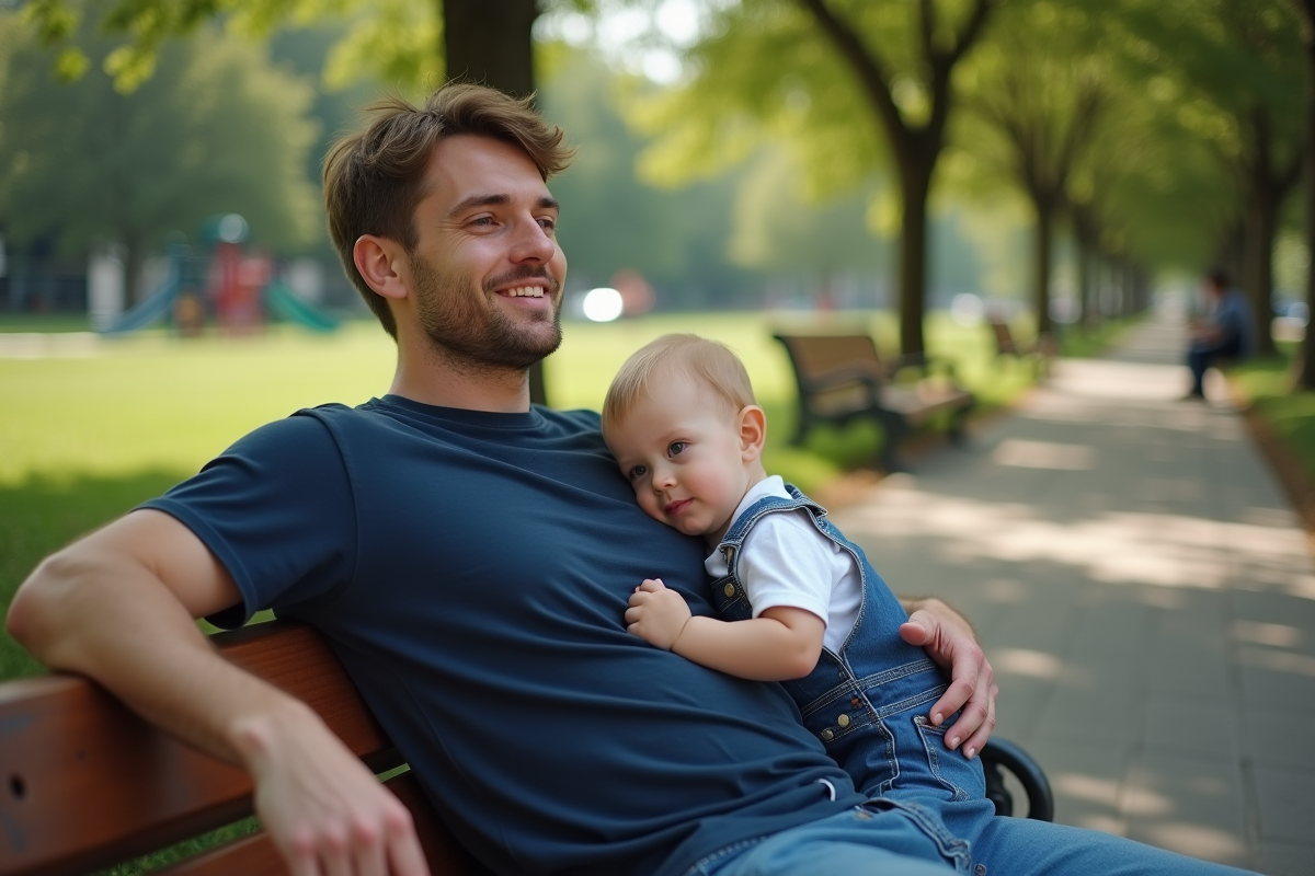 Papa relaxant avec son enfant dans un parc urbain