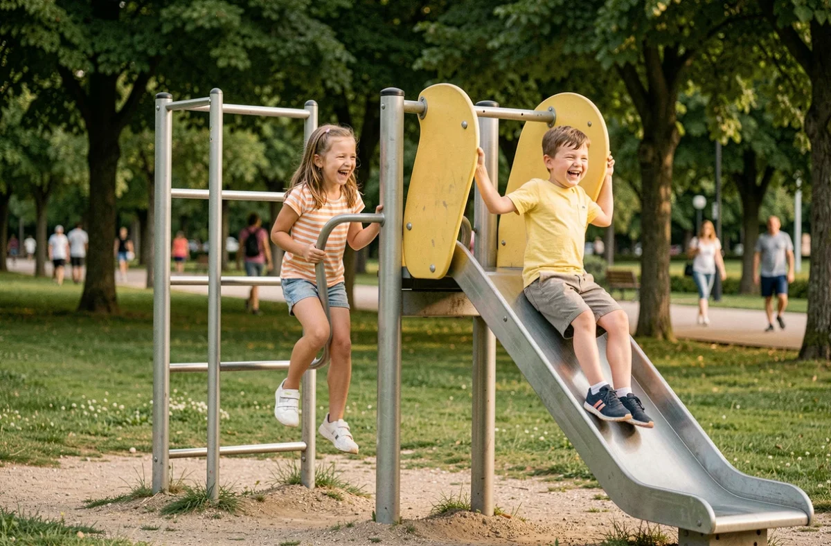 Enfants jouant sur les équipements du Parc des Brotteaux à Roanne par une belle journée
