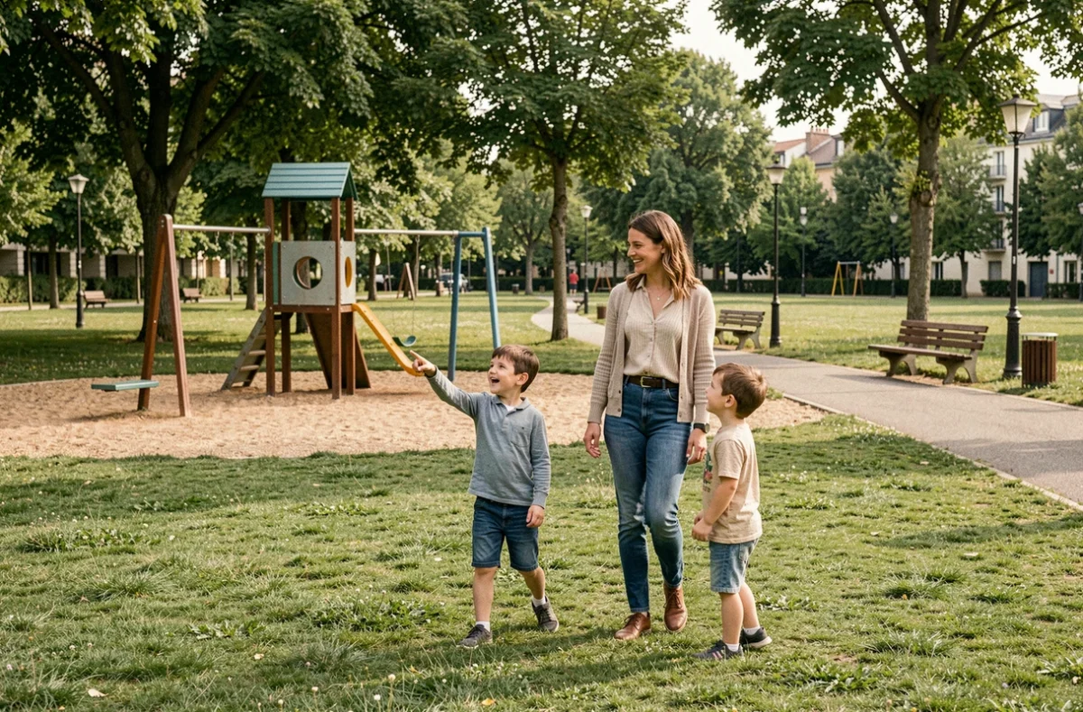 Famille se promenant dans le Parc de l'Étoile à Saint-Étienne avec des enfants jouant sur l'aire de jeux