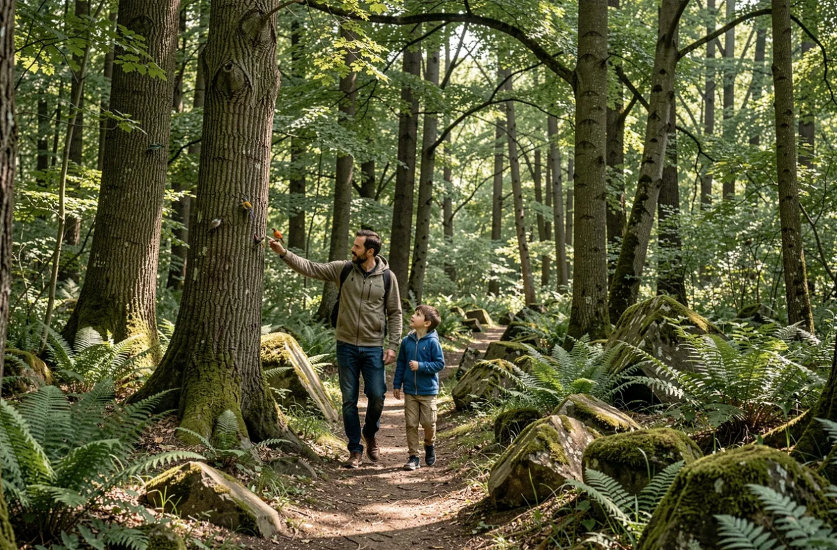 Famille découvrant les sentiers boisés du Parc de Montaud avec des enfants curieux de la nature
