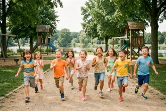 Enfants jouant dans un parc de loisirs de la Loire, entourés de verdure et d'attractions familiales