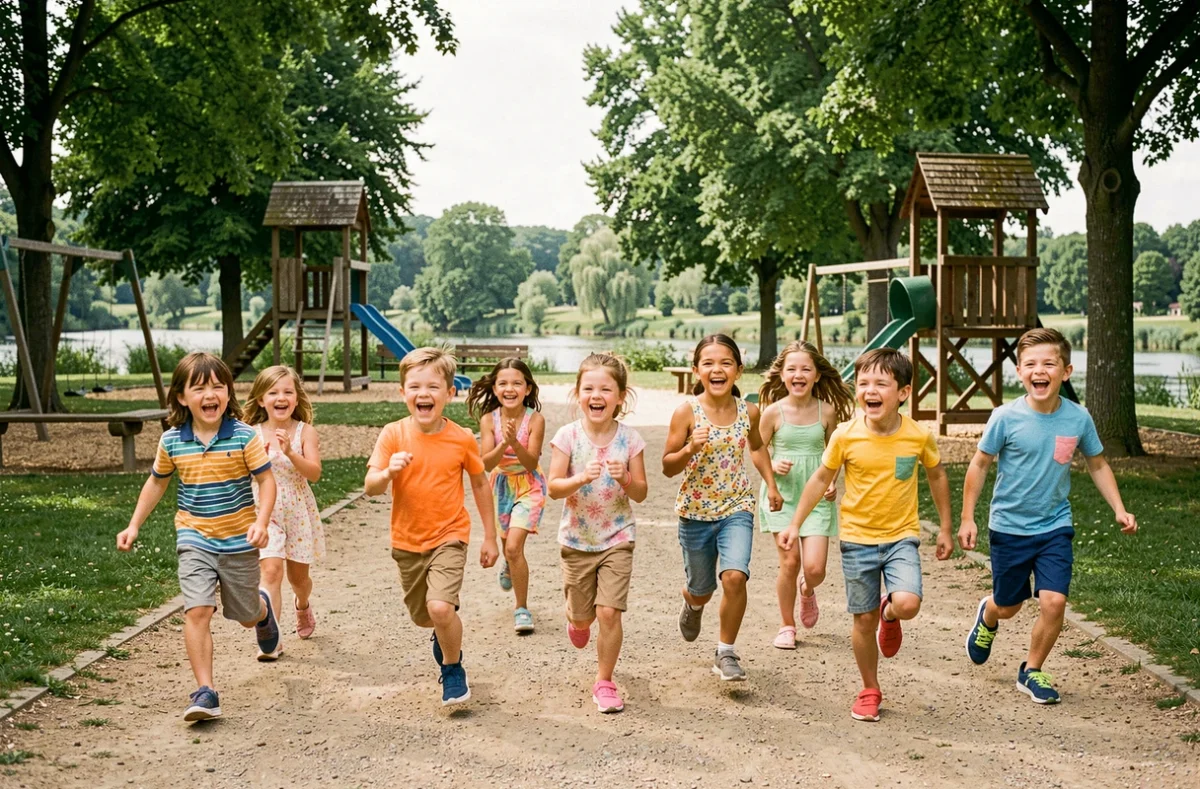 Enfants jouant dans un parc de loisirs de la Loire, entourés de verdure et d'attractions familiales