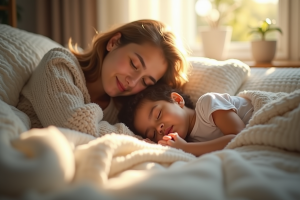 Parent et enfant de 4 ans dormant paisiblement dans une chambre lumineuse