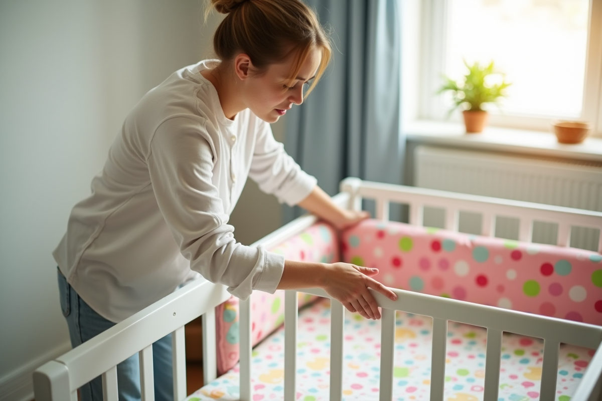 Parent retirant doucement un bumper coloré du lit bébé