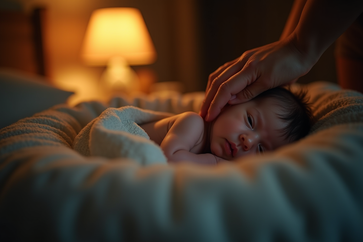 Parent rassurant un nouveau-né dans un berceau Coababy la nuit