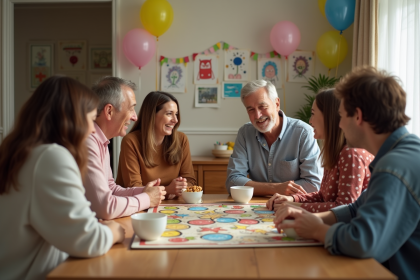 Parents jouant à un jeu lors d'un anniversaire d'enfant