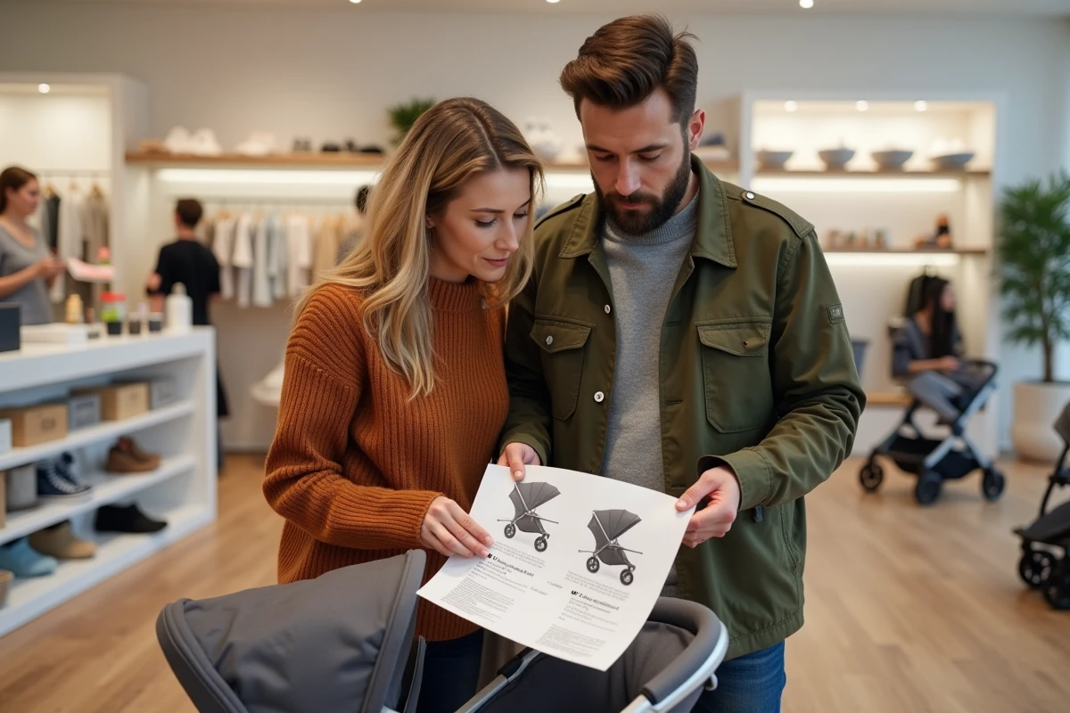 Deux parents consultant le manuel d'une poussette 4 en 1 dans un magasin de puériculture
