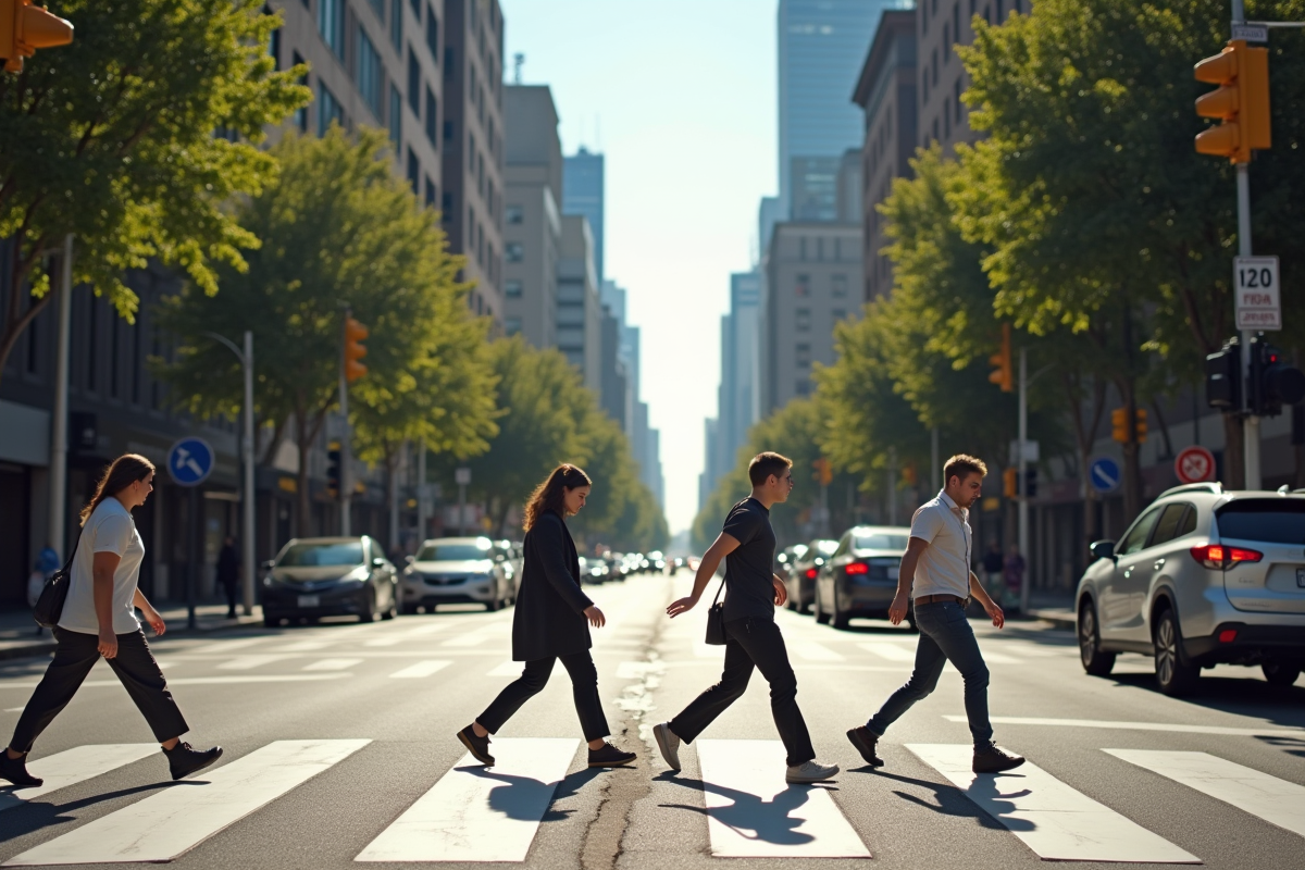 Passage piétons urbain avec piétons traversant au rouge