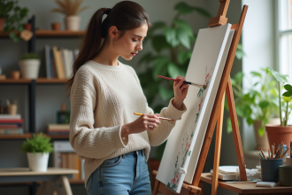 Femme peignant sur une grande toile dans un appartement lumineux