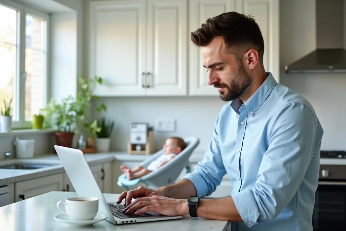 Père autoentrepreneur répondant à ses emails professionnels dans la cuisine pendant son congé paternité avec son bébé à proximité